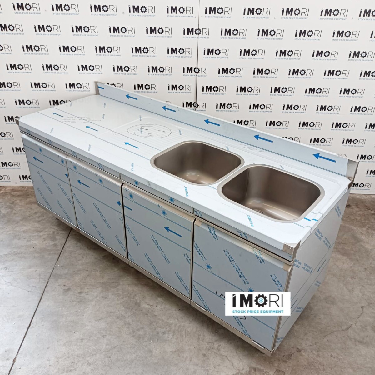 LAVELLO ARMADIATO NUOVO IN ACCAIO INOX 2 VASCHE 3 PORTE CON TRAMOGGIA 200X70 CM